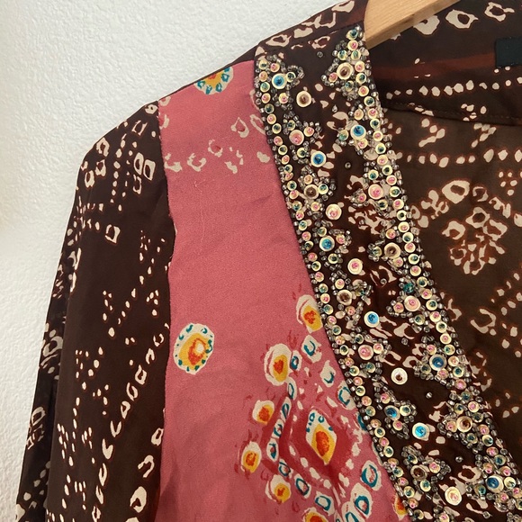 batik boho chiffon silk beaded top bohemian v neck blouse - Picture 8 of 16
